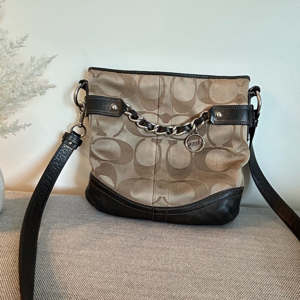 COACH 🌷Coach Signature Monogram Crossbody Bag Tan Black Shoulder Purse